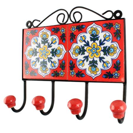 Red With White Floral Ceramic Tile Hook